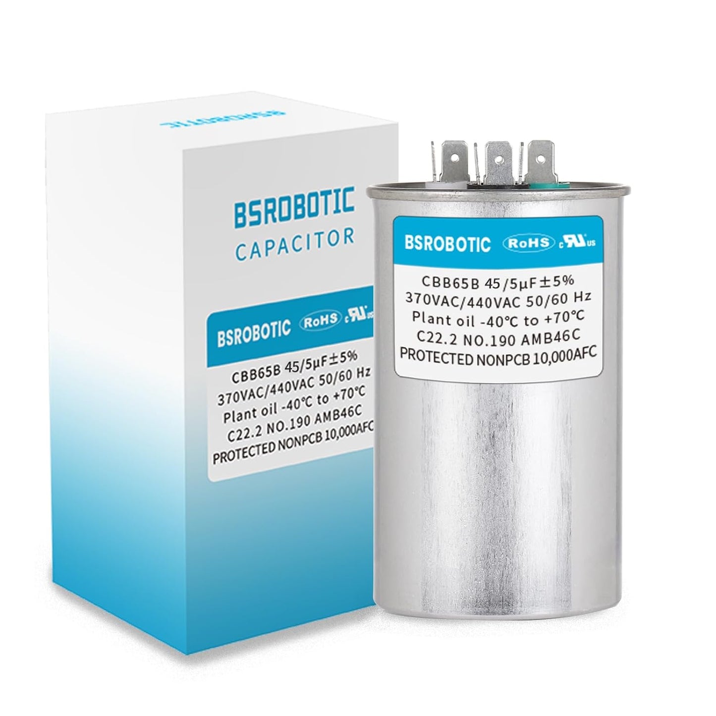 45/5 440V CBB65B AC Capacitor - 45+5 Uf ±5% MFD 370/440 Volt Dual Run round Capacitor, VAC CBB65B Air Conditioner Capacitors for AC Unit Fan Motor Start or Heat Pump or Condenser Straight Cool