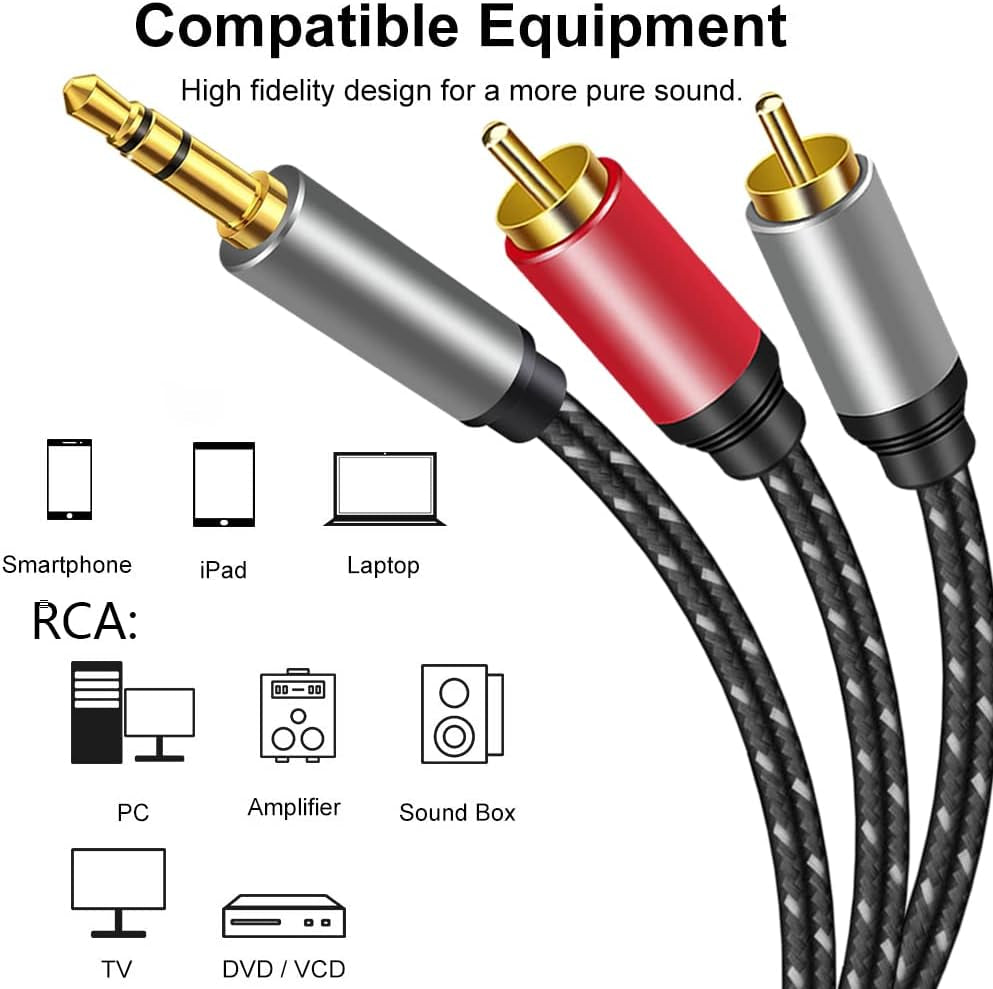 AUX RCA Cable 6 FT, 3.5Mm to 2-Male RCA Audio Auxiliary Adapter Stereo Splitter Cable Dual Shielded Gold-Plated Nylon-Braided Breakout Cord for Smartphone, Speakers, Tablet, HDTV, MP3 Player (6FT)