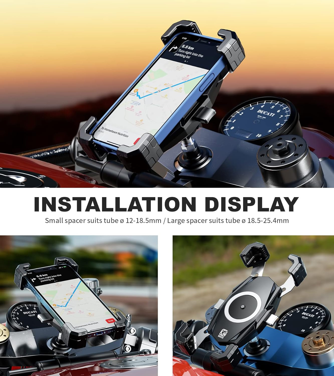 Motorcycle Fork Stem Phone Mount, Motorcycle Phone Mount, 1S One-Push Automatically Lock & Release, Fits for Fork Stem 12-25.4Mm in Diameter, for 4.0-6.9" Cellphones