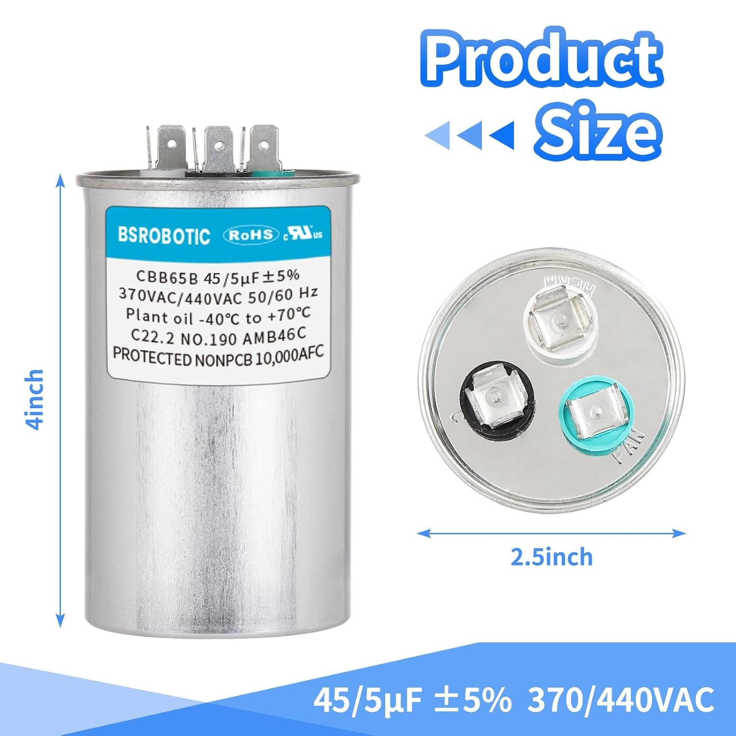 45/5 440V CBB65B AC Capacitor - 45+5 Uf ±5% MFD 370/440 Volt Dual Run round Capacitor, VAC CBB65B Air Conditioner Capacitors for AC Unit Fan Motor Start or Heat Pump or Condenser Straight Cool