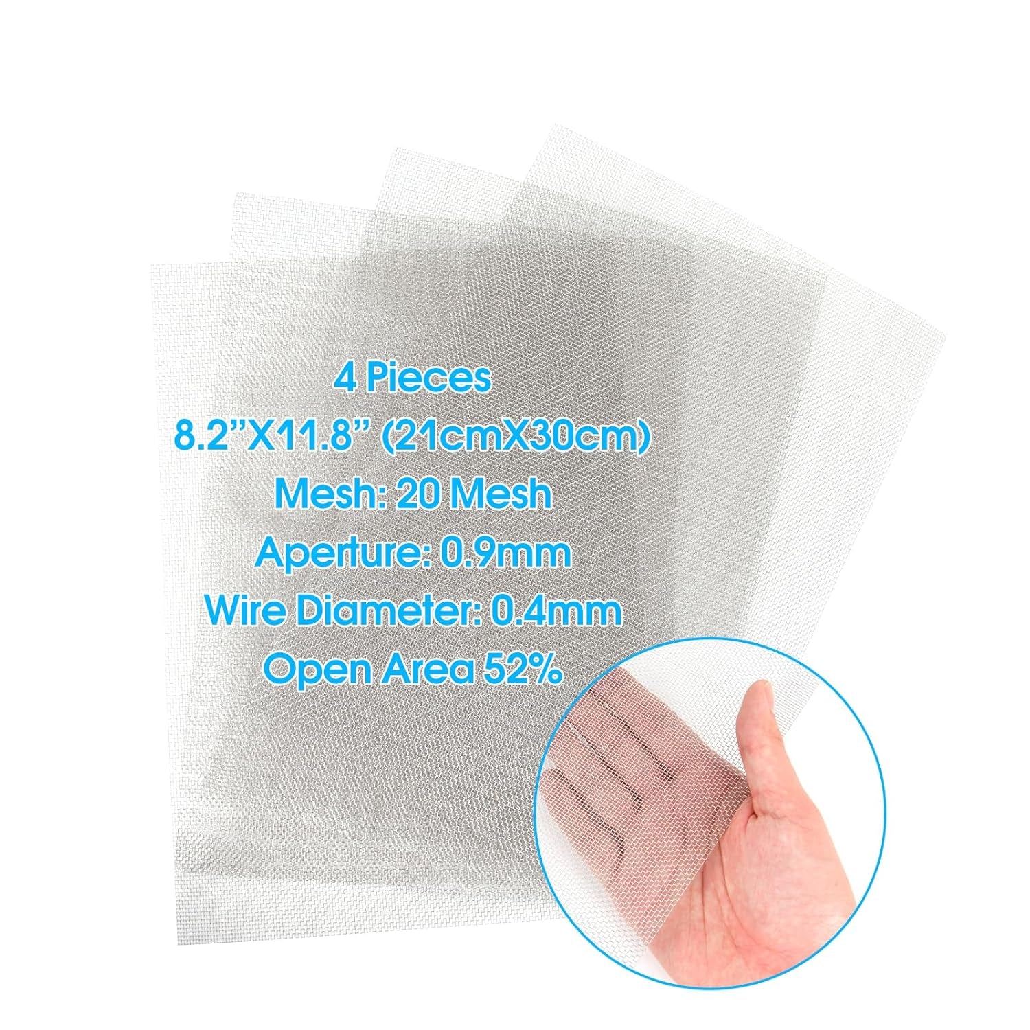 4 Pieces 20 Mesh 8.2”X11.8” (21Cmx30Cm) Wire Mesh, Sturdy Metal Mesh Sheets for DIY Projects 304 Stainless Steel No Rust Mesh Screen