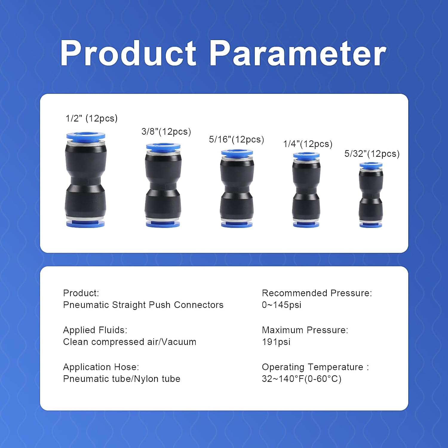 60Pcs Quick Connect Air Hose Fittings, Pneumatic Push to Connect Fittings Kit, 5/32" 1/4" 5/16" 3/8" 1/2 Inch OD Air Line Fittings Quick Connect for OD Tube 5/32 1/4 5/16 3/8 1/2 Inch