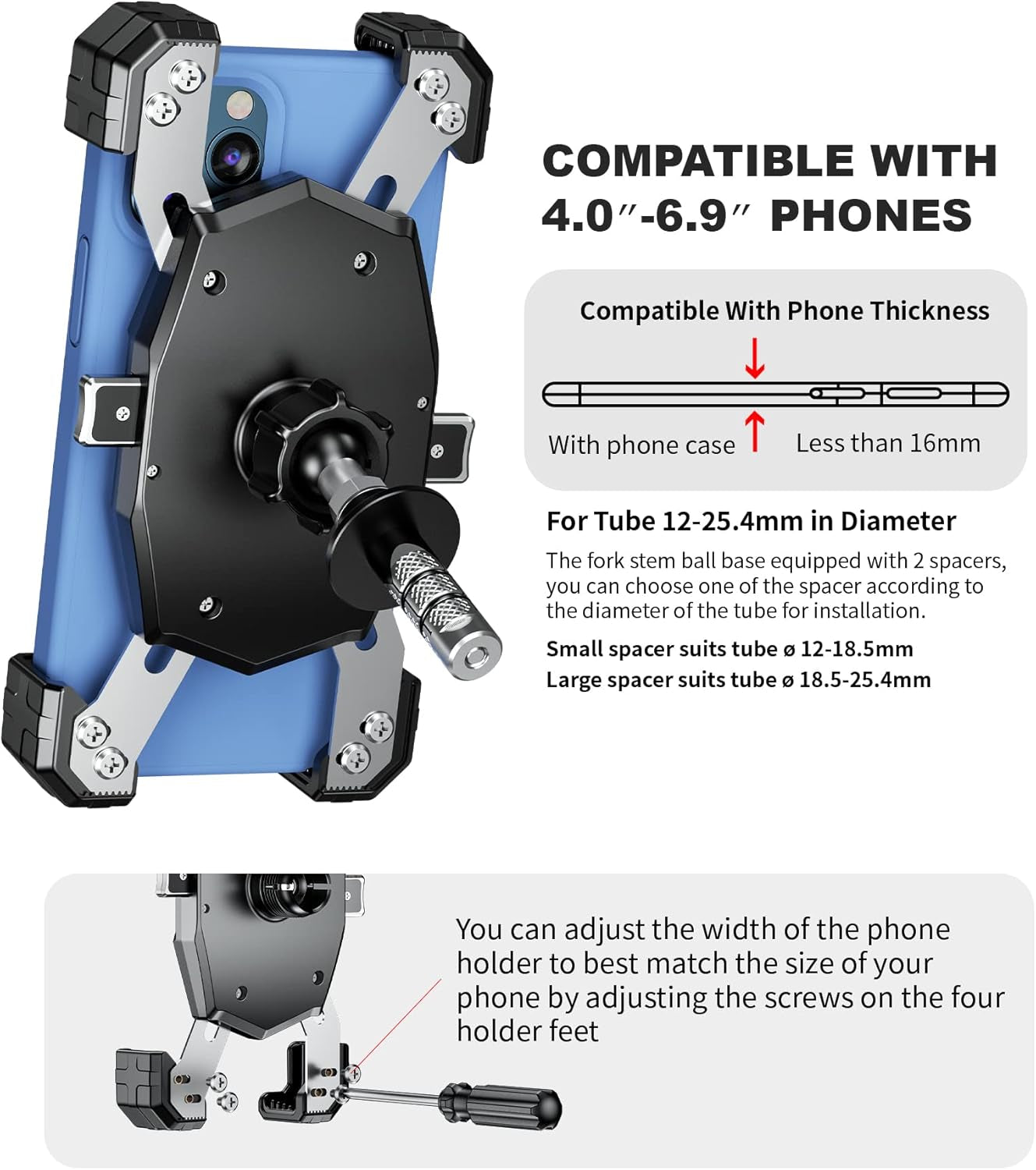 Motorcycle Fork Stem Phone Mount, Motorcycle Phone Mount, 1S One-Push Automatically Lock & Release, Fits for Fork Stem 12-25.4Mm in Diameter, for 4.0-6.9" Cellphones